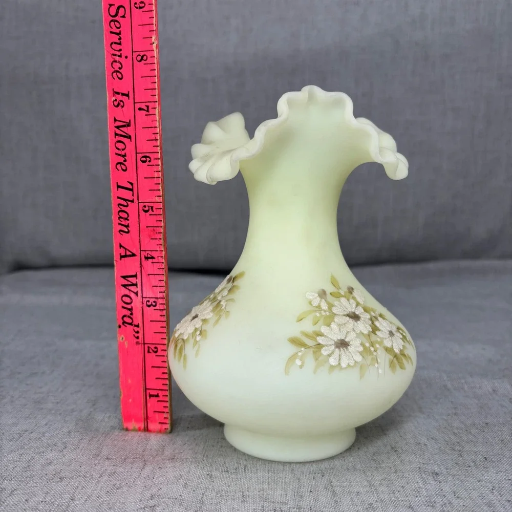 Vintage Fenton Custard Glass Uranium Vase Hand Painted Daisy Ruffled Edge Signed